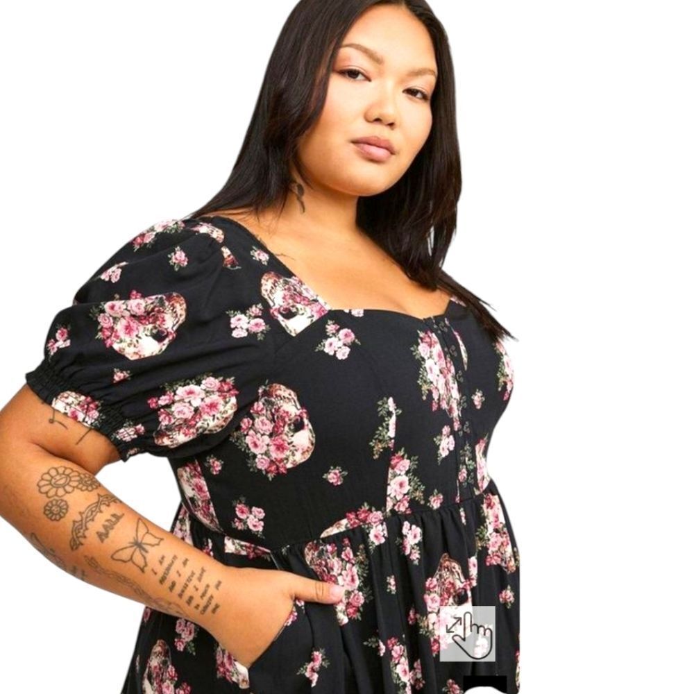 Torrid 2X Black Skull Rose Floral Mini Skater Dress – Front Hook & Eye Closure - Picture 3 of 15